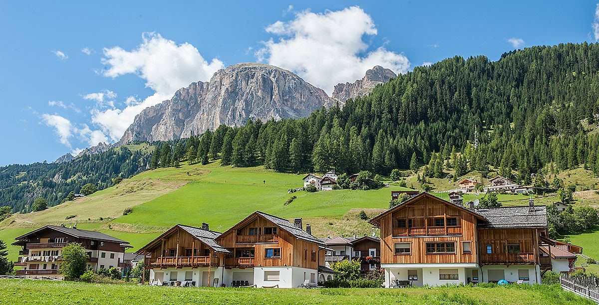 Holzhäuser in einem Tal in Südtirol